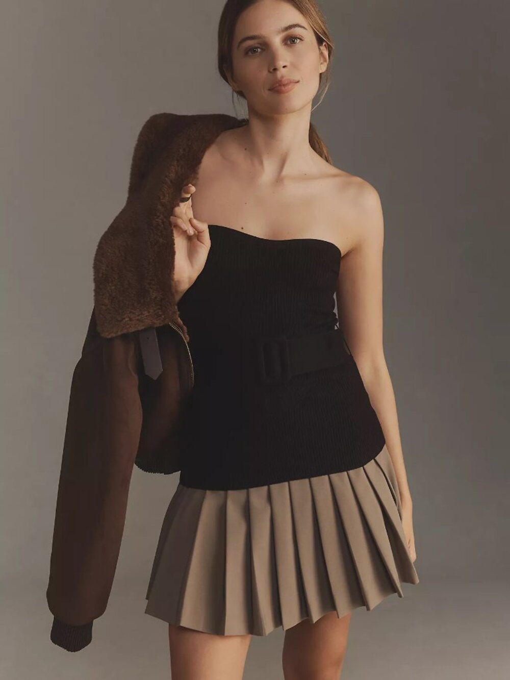 By Anthropologie Black Ribbed Belted Knit Tube Top Sweetheart | Size XS/S